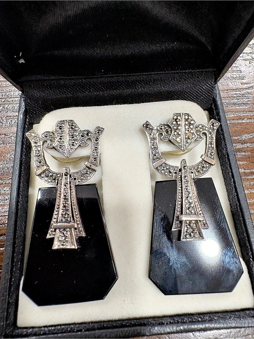 Vintage ornate Silver marcasite and black onyx drop earrings